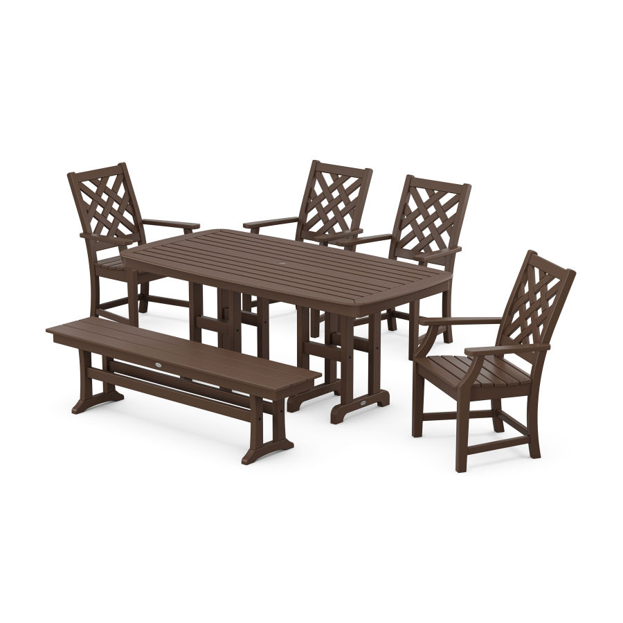 POLYWOOD Wovendale 6-Piece Farmhouse Dining Set with Bench in Mahogany