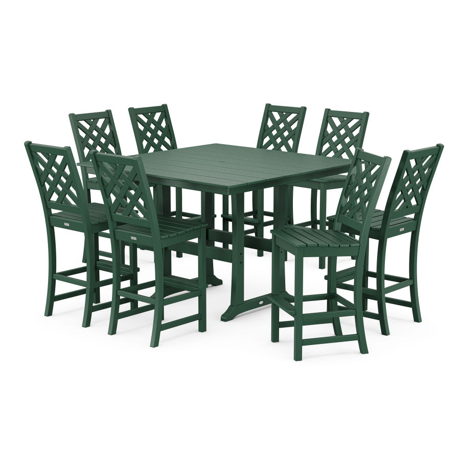 POLYWOOD Wovendale Side Chair 9-Piece Square Farmhouse Bar Set with Trestle Legs in Green