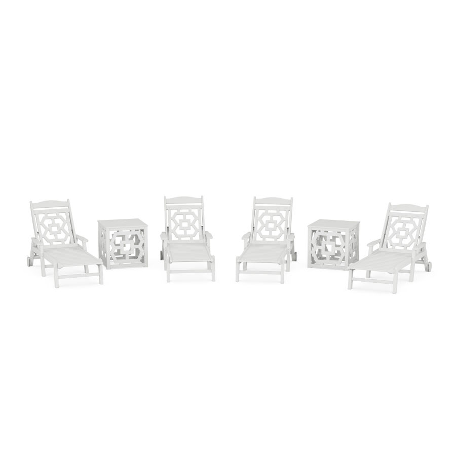 POLYWOOD Chinoiserie 6-Piece Chaise Set with Umbrella Stand Accent Table in White
