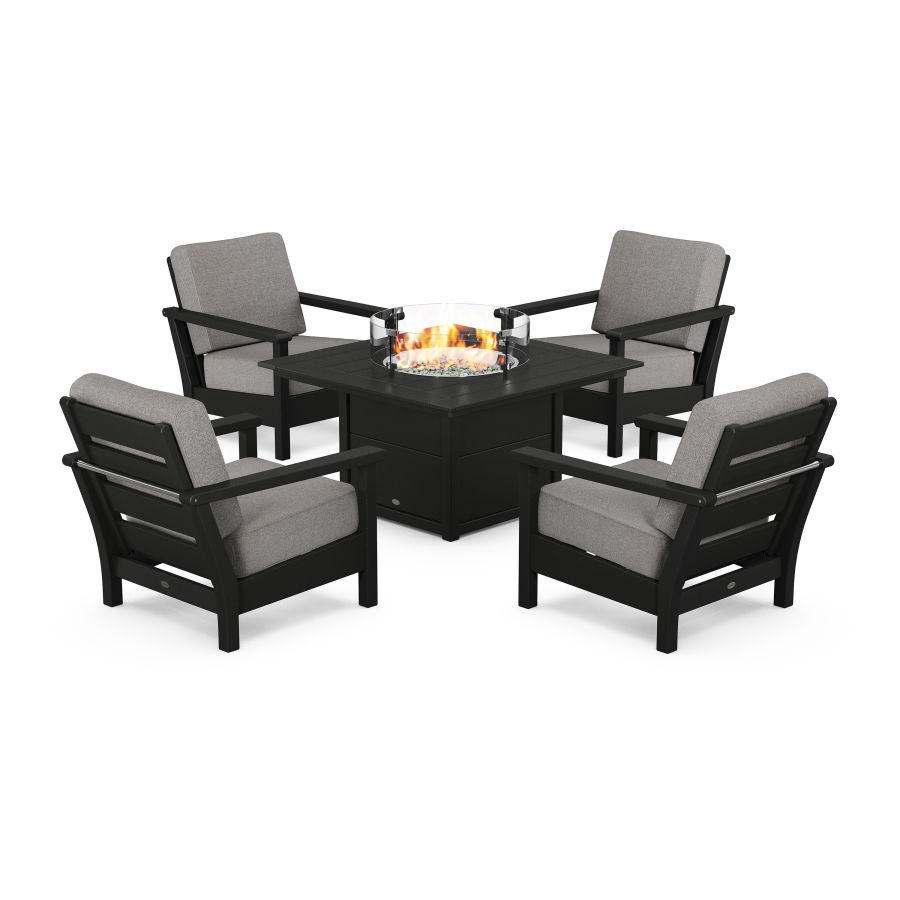 POLYWOOD Harbour 5-Piece Conversation Set with Fire Pit Table in Black / Grey Mist