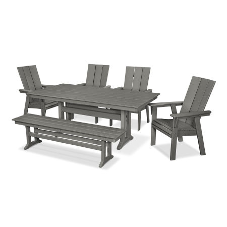 POLYWOOD Modern Curveback Adirondack 6-Piece Farmhouse Dining Set with Trestle Legs and Bench