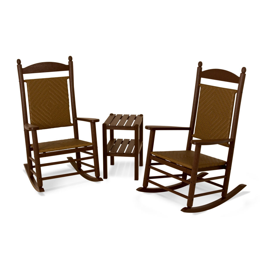 POLYWOOD Jefferson 3-Piece Woven Rocking Chair Set in Mahogany Frame / Tigerwood