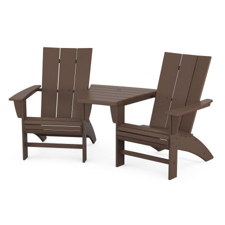 Modern 3-Piece Curveback Adirondack Set with Angled Connecting Table in Mahogany