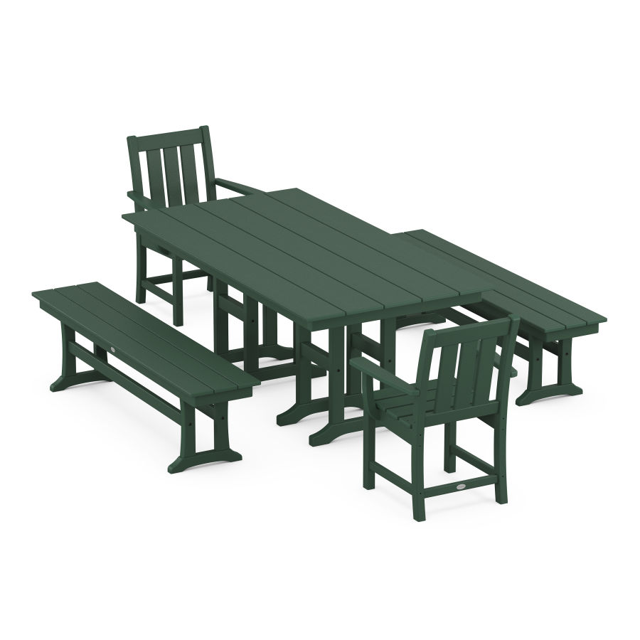 POLYWOOD Oxford 5-Piece Farmhouse Dining Set with Benches in Green
