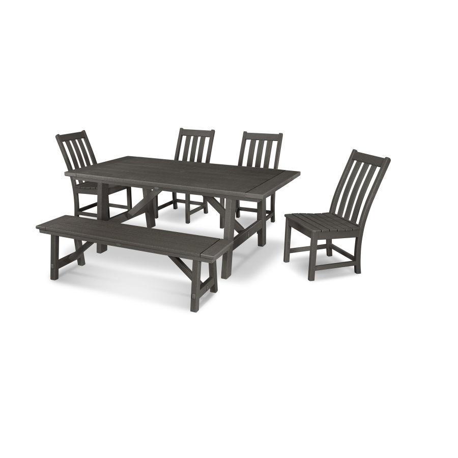 POLYWOOD Vineyard 6-Piece Rustic Farmhouse Side Chair Dining Set with Bench in Vintage Finish