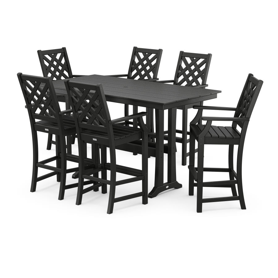 POLYWOOD Wovendale Arm Chair 7-Piece Farmhouse Bar Set with Trestle Legs in Black