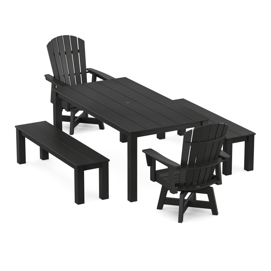 POLYWOOD Nautical Curveback Adirondack Swivel 5-Piece Parsons Dining Set with Benches in Black