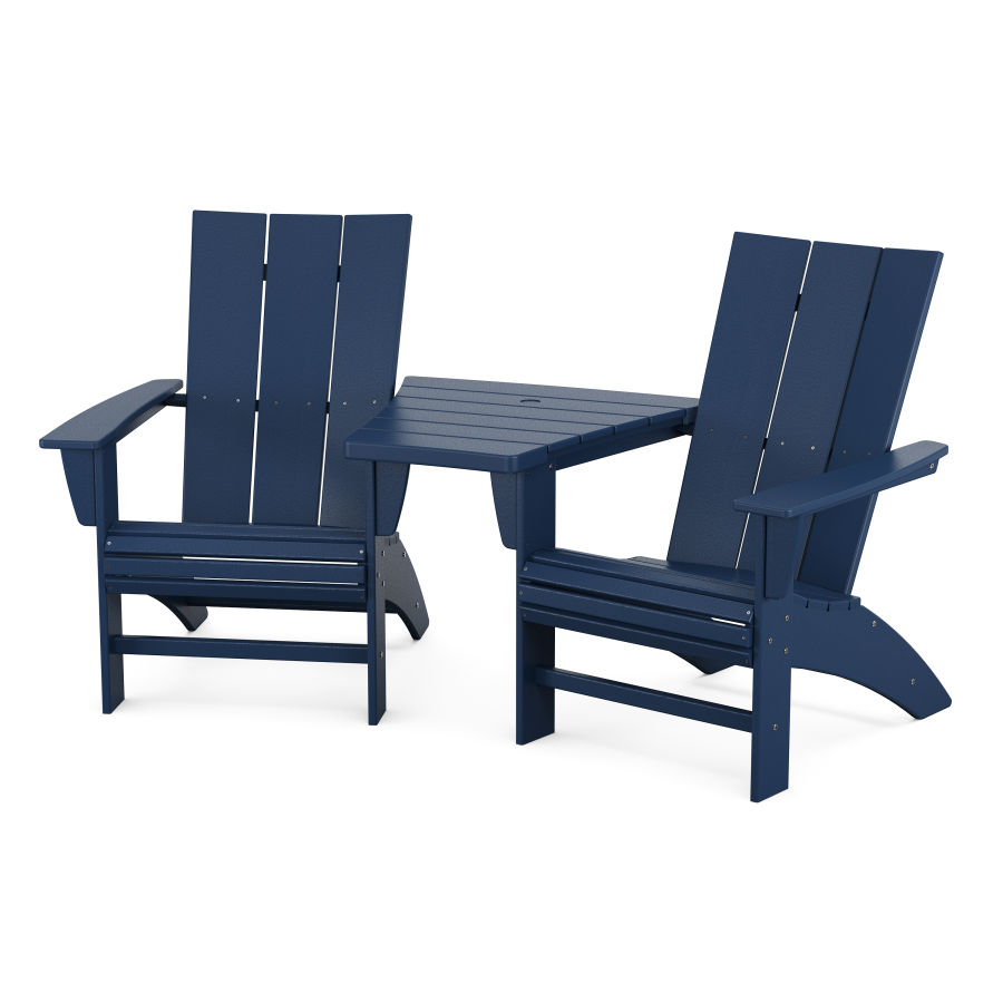 POLYWOOD Modern 3-Piece Curveback Adirondack Set with Angled Connecting Table in Navy