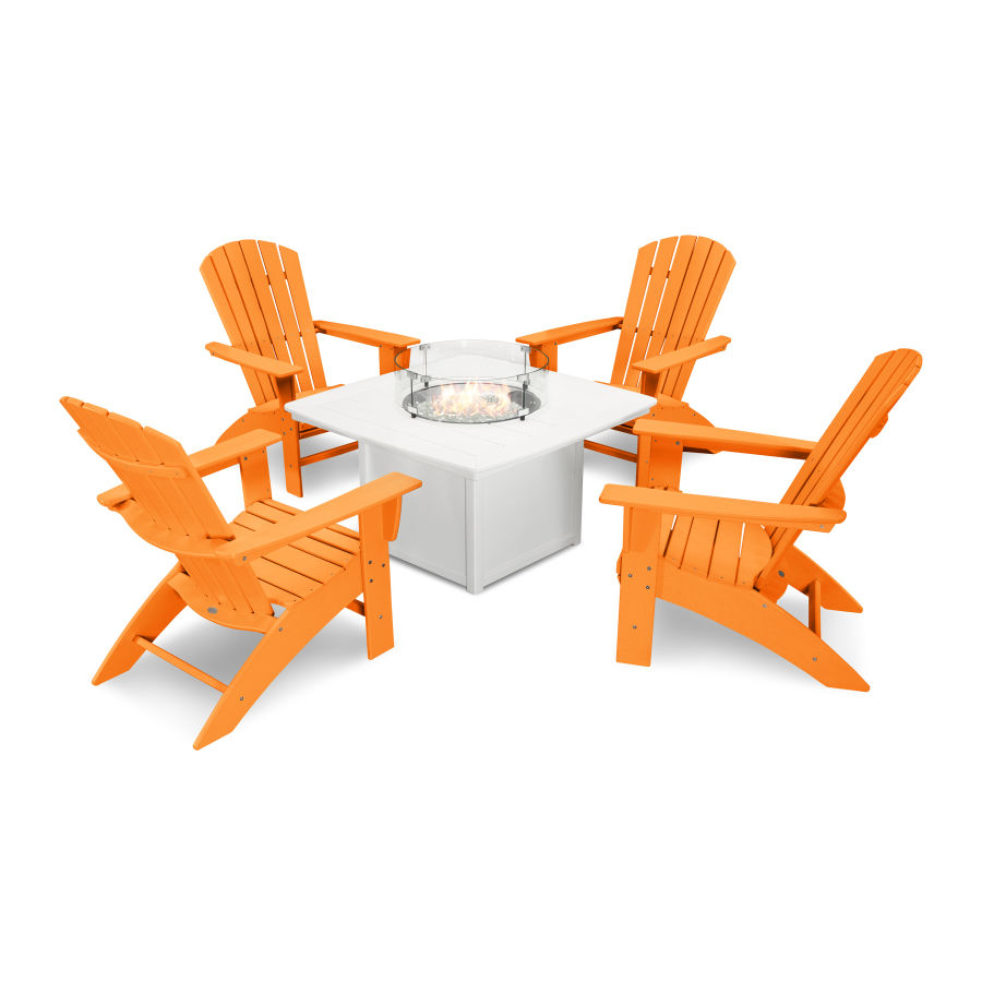 POLYWOOD Nautical Curveback Adirondack 5-Piece Conversation Set with Fire Pit Table in Tangerine / White