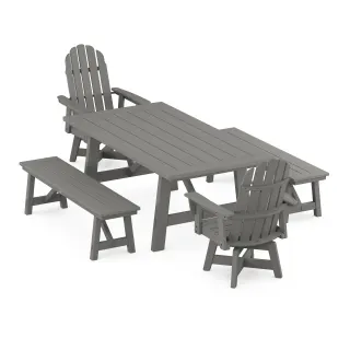 POLYWOOD VineyardCurveback Adirondack Swivel Chair 5-Piece Rustic Farmhouse Dining Set With Benches