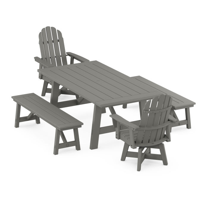 POLYWOOD VineyardCurveback Adirondack Swivel Chair 5-Piece Rustic Farmhouse Dining Set With Benches
