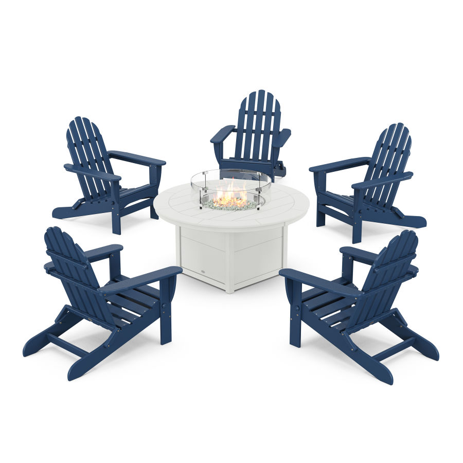 POLYWOOD Classic Folding Adirondack 6-Piece Conversation Set with Fire Pit Table in Navy / White