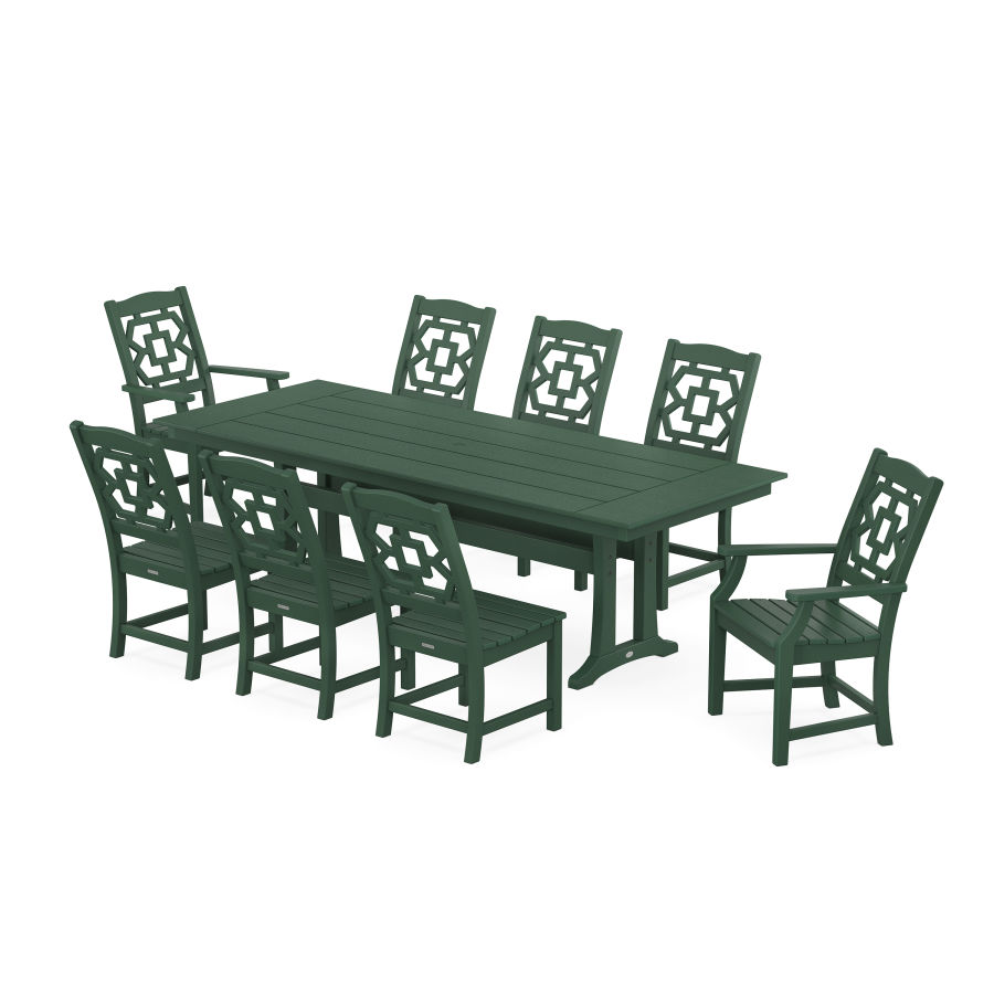 POLYWOOD Chinoiserie 9-Piece Farmhouse Dining Set with Trestle Legs in Green