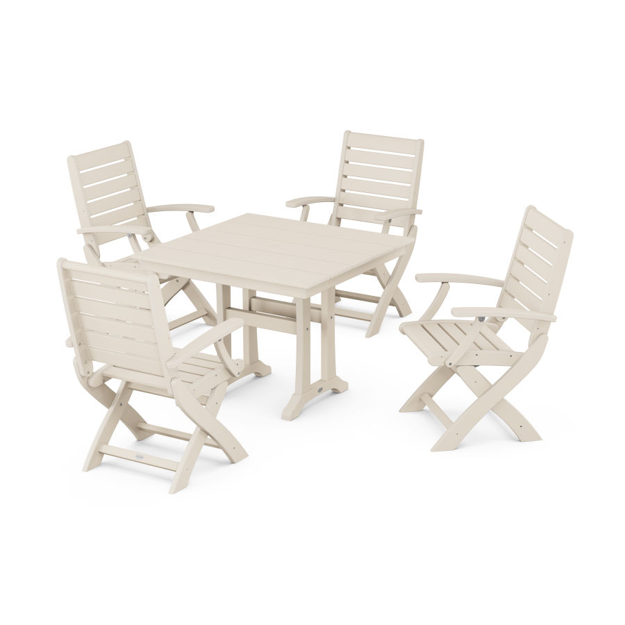 POLYWOOD Signature Folding Chair 5-Piece Farmhouse Dining Set With Trestle Legs in Sand