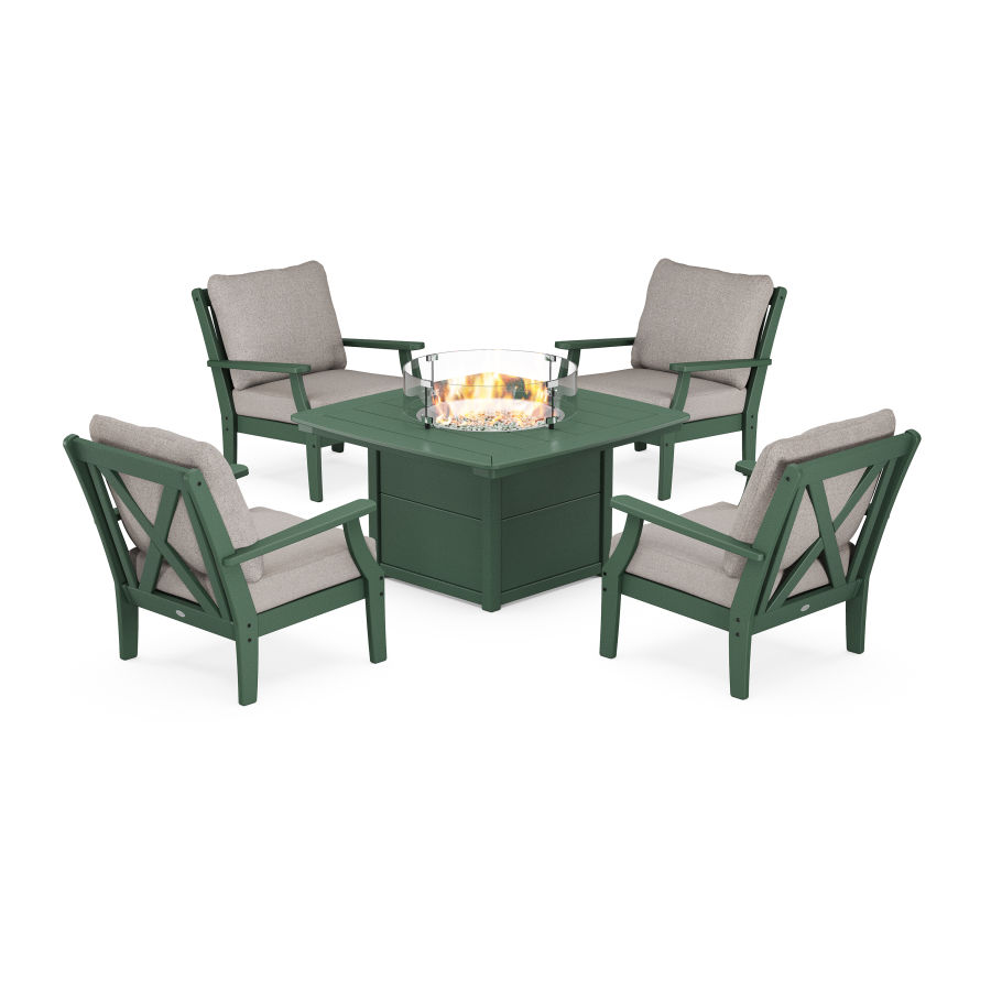 POLYWOOD Braxton 5-Piece Deep Seating Conversation Set with Fire Pit Table in Green / Weathered Tweed