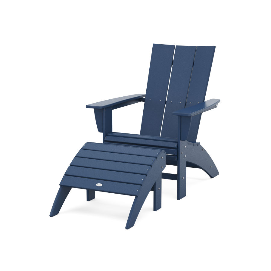 POLYWOOD Modern Curveback Adirondack Chair 2-Piece Set with Ottoman in Navy