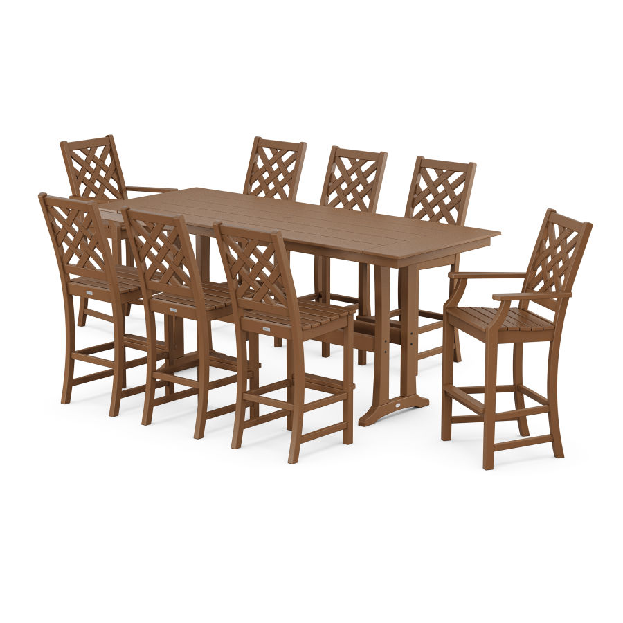 POLYWOOD Wovendale 9-Piece Farmhouse Bar Set with Trestle Legs in Teak