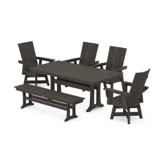 POLYWOOD Modern Curveback Adirondack Swivel Chair 6-Piece Farmhouse Dining Set With Trestle Legs and Bench in Vintage Finish