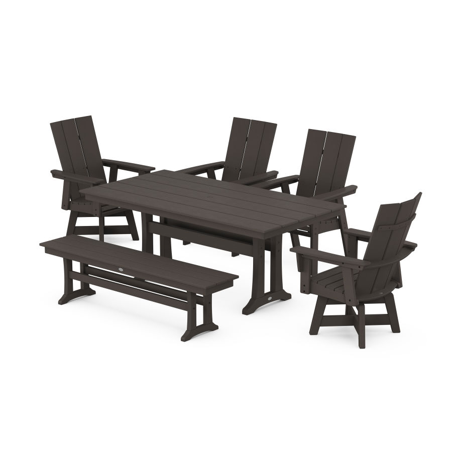 POLYWOOD Modern Curveback Adirondack Swivel Chair 6-Piece Farmhouse Dining Set With Trestle Legs and Bench in Vintage Finish