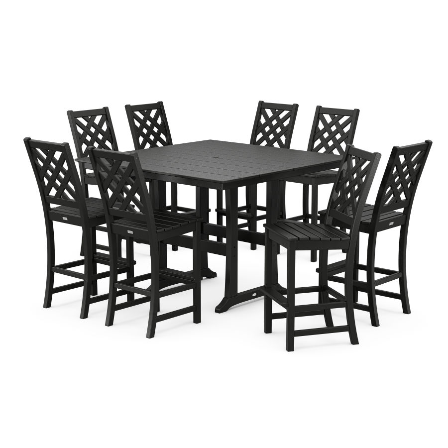 POLYWOOD Wovendale Side Chair 9-Piece Square Farmhouse Bar Set with Trestle Legs in Black