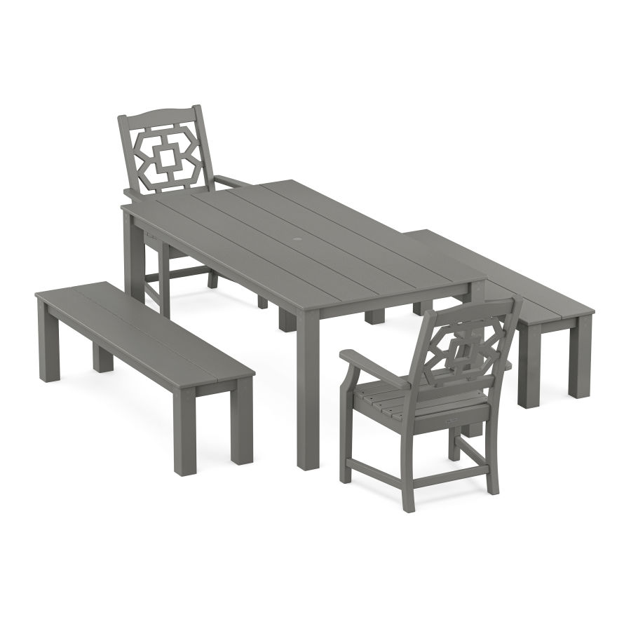 POLYWOOD Chinoiserie 5-Piece Parsons Dining Set with Benches