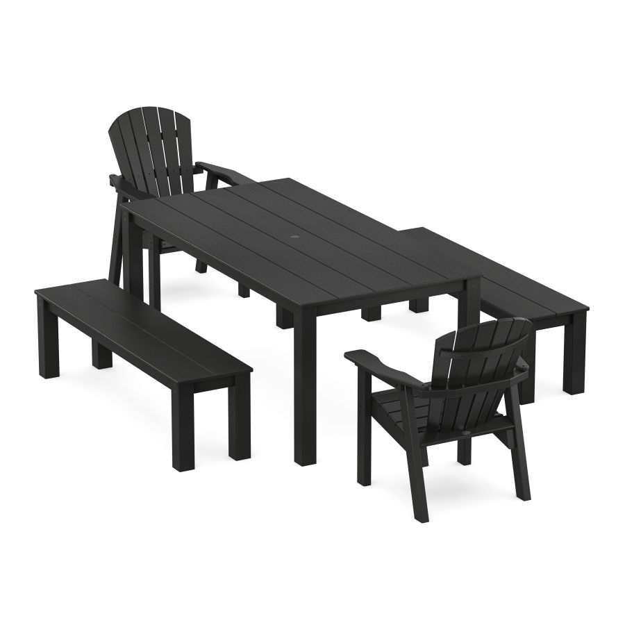 POLYWOOD Seashell 5-Piece Parsons Dining Set with Benches in Black