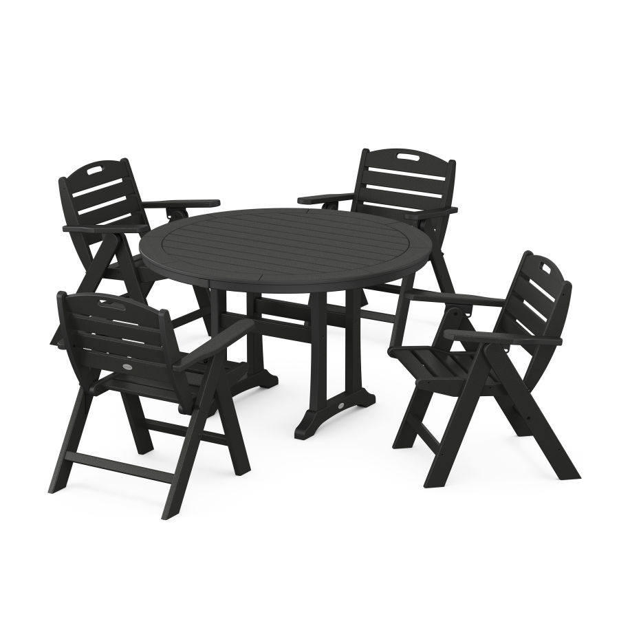 POLYWOOD Nautical Folding Lowback Chair 5-Piece Round Dining Set With Trestle Legs in Black