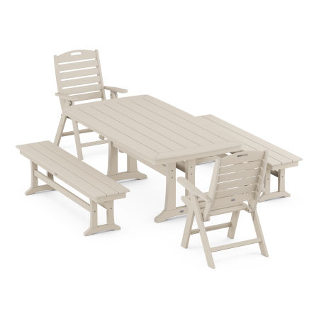 Nautical Folding Highback Chair 5-Piece Dining Set with Trestle Legs and Benches in Sand