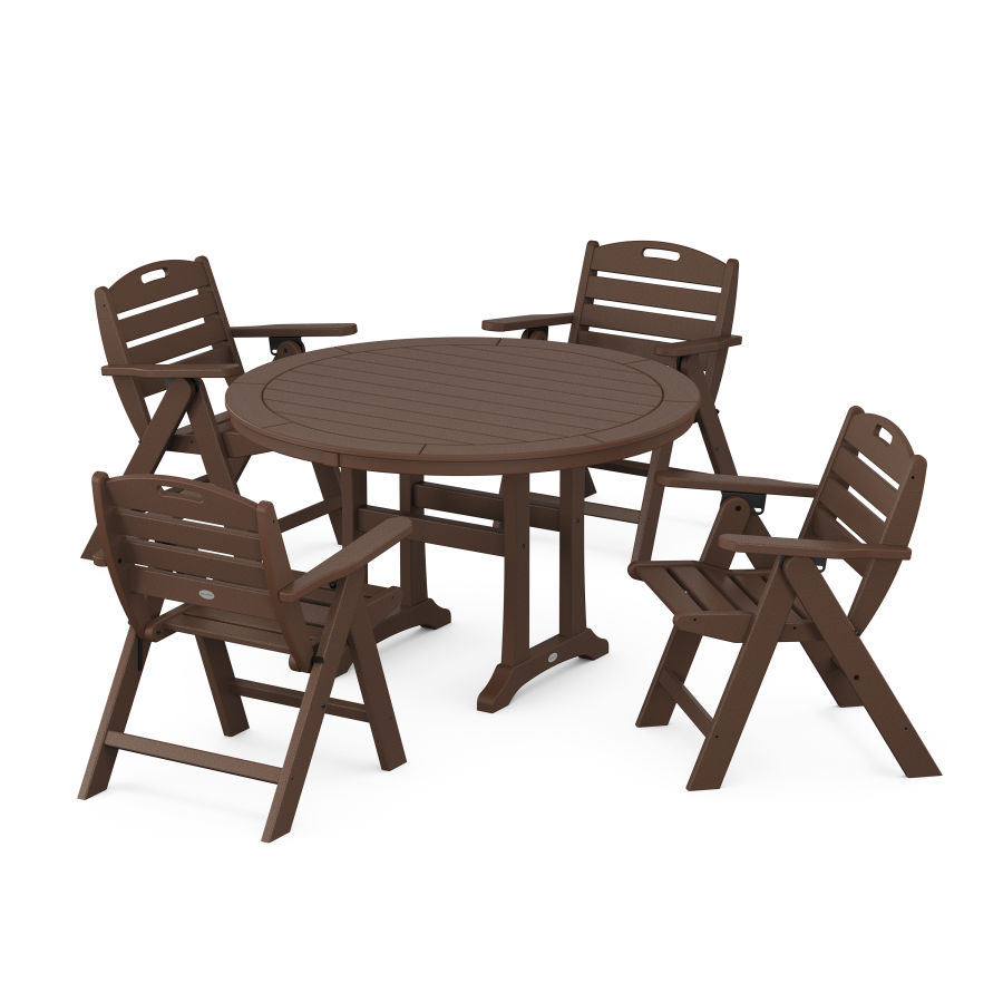 POLYWOOD Nautical Folding Lowback Chair 5-Piece Round Dining Set With Trestle Legs in Mahogany