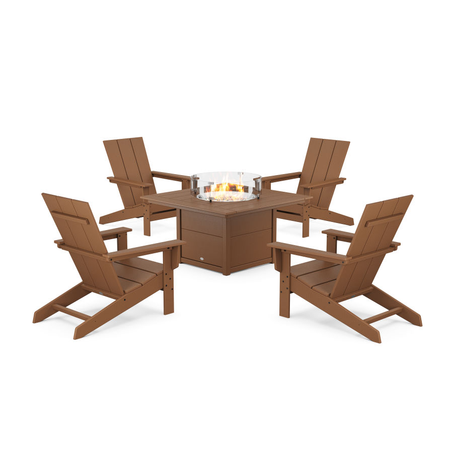 POLYWOOD 5-Piece Modern Studio Adirondack Conversation Set with Fire Pit Table in Teak
