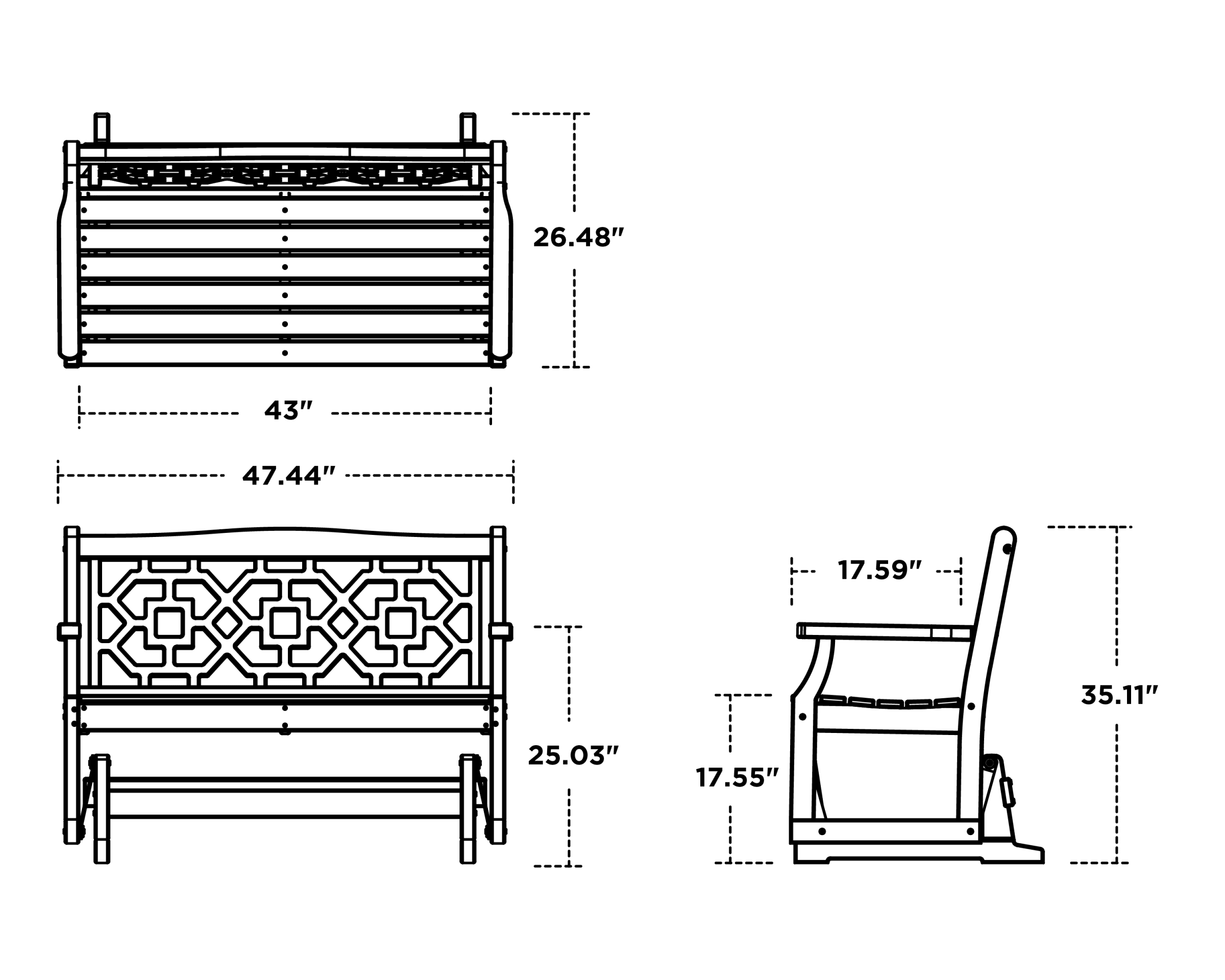 Dimensions for Chinoiserie 48" Glider
