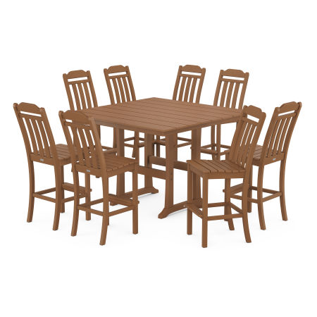 Country Living 9-Piece Square Farmhouse Side Chair Bar Set with Trestle Legs in Teak