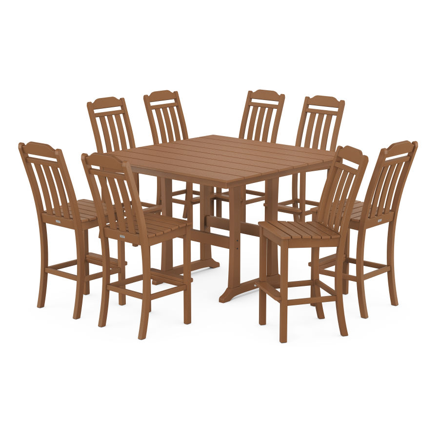 POLYWOOD Country Living 9-Piece Square Farmhouse Side Chair Bar Set with Trestle Legs in Teak