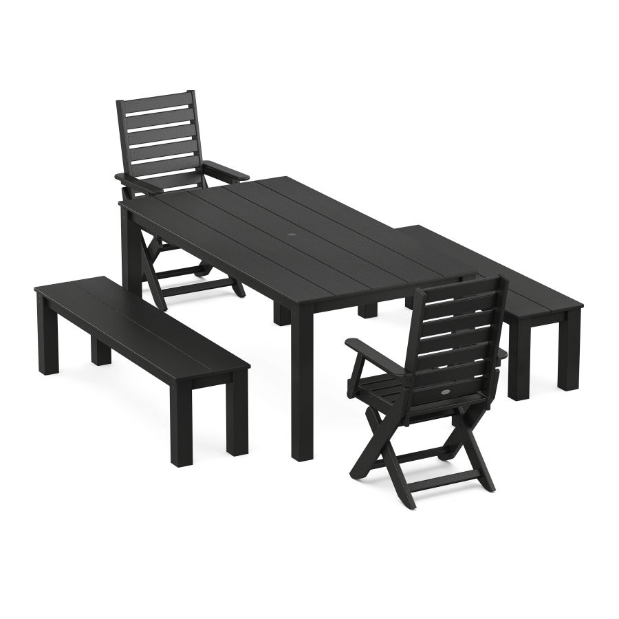 POLYWOOD Captain Folding Chair 5-Piece Parsons Dining Set with Benches in Black