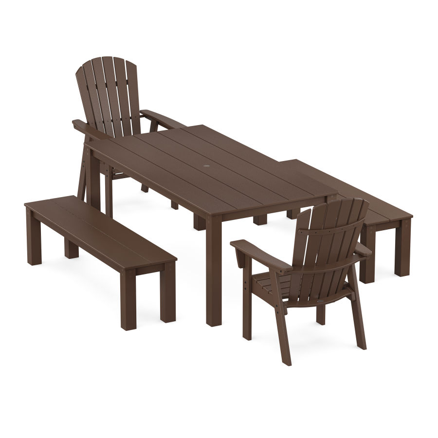 POLYWOOD Nautical Curveback Adirondack 5-Piece Parsons Dining Set with Benches in Mahogany