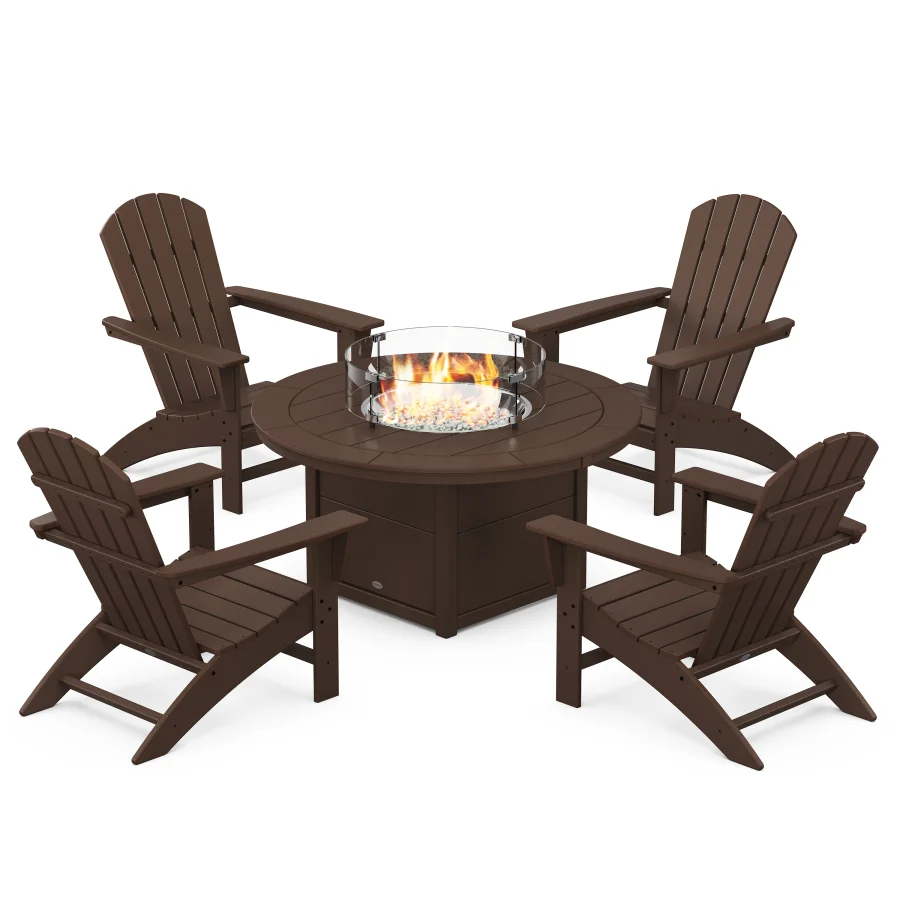 POLYWOOD Nautical 5-Piece Adirondack Chair Conversation Set with Fire Pit Table in Mahogany