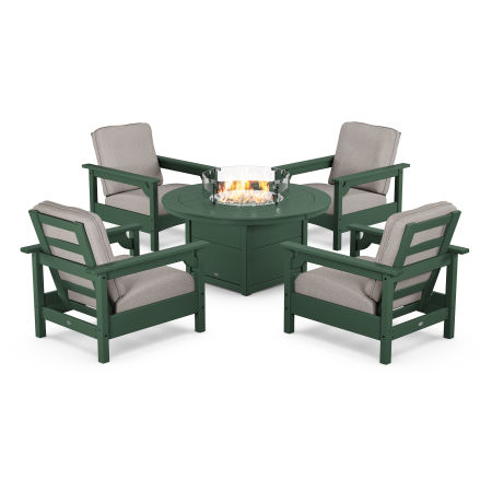 Club 5-Piece Conversation Set with Fire Pit Table in Green / Weathered Tweed