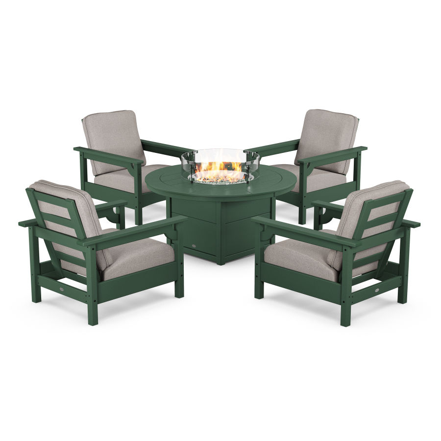 POLYWOOD Club 5-Piece Conversation Set with Fire Pit Table in Green / Weathered Tweed