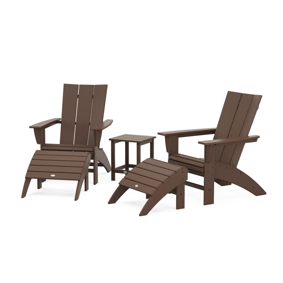 POLYWOOD Modern Curveback Adirondack Chair 5-Piece Set with Ottomans and 18" Side Table in Mahogany