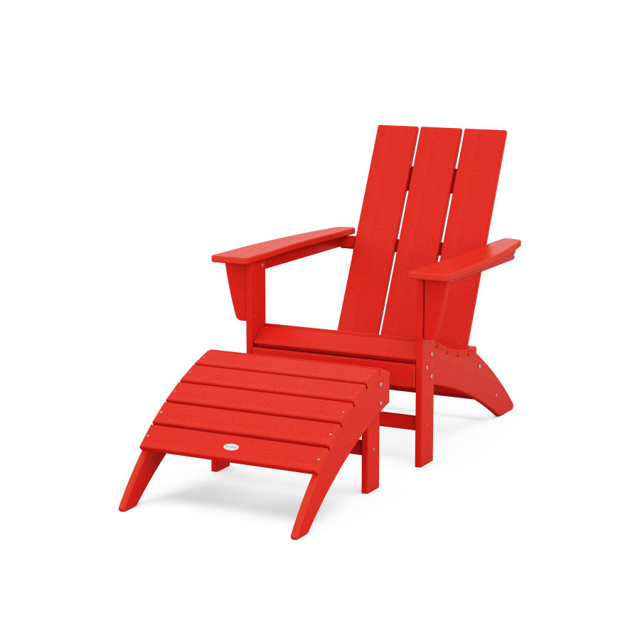 POLYWOOD Modern Adirondack Chair 2-Piece Set with Ottoman in Sunset Red