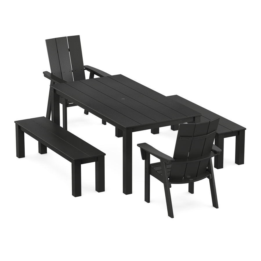 POLYWOOD Modern Curveback Adirondack 5-Piece Parsons Dining Set with Benches in Black