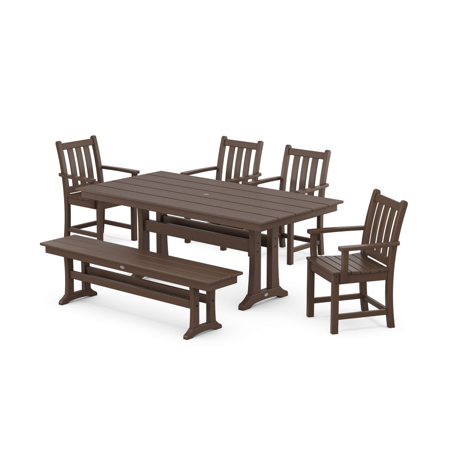 POLYWOOD Traditional Garden 6-Piece Farmhouse Trestle Dining Set with Bench in Mahogany
