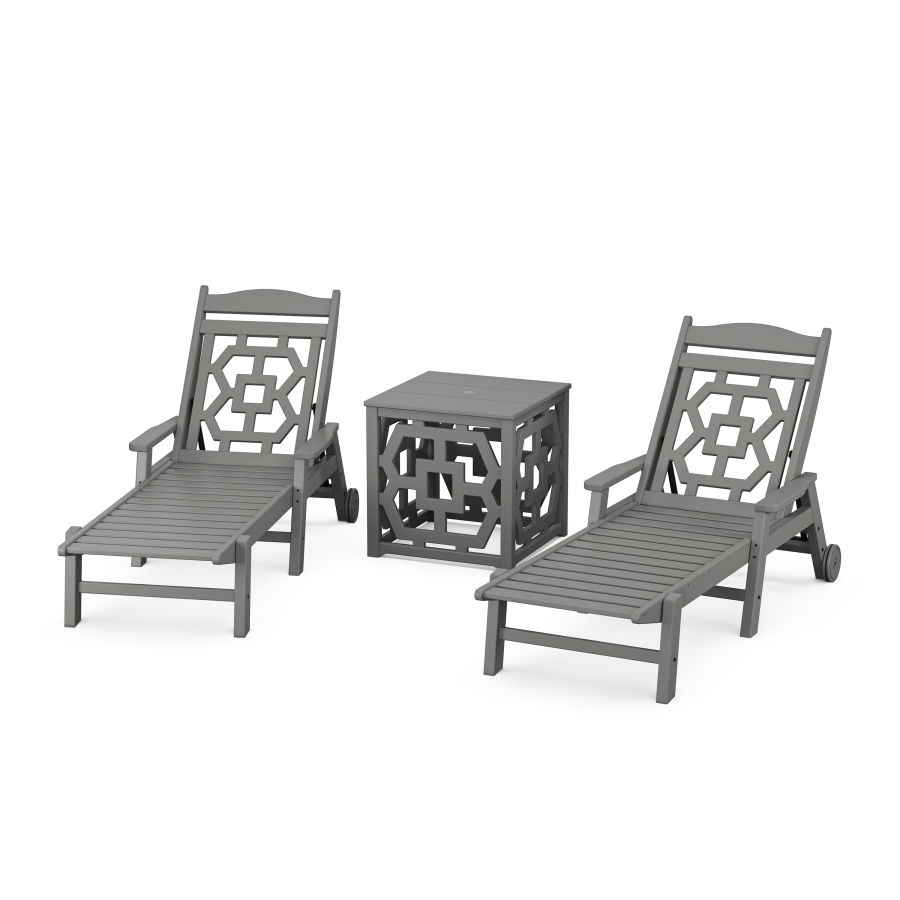 POLYWOOD Chinoiserie 3-Piece Chaise Set with Umbrella Stand Accent Table