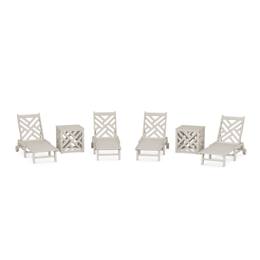POLYWOOD Chippendale 6-Piece Chaise Set with Wheels and Umbrella Stand Accent Table in Sand