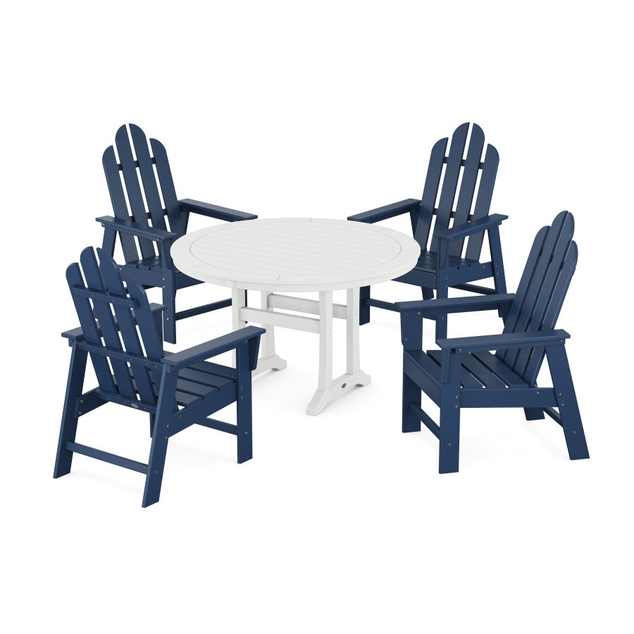 POLYWOOD Long Island 5-Piece Round Dining Set with Trestle Legs in Navy / White