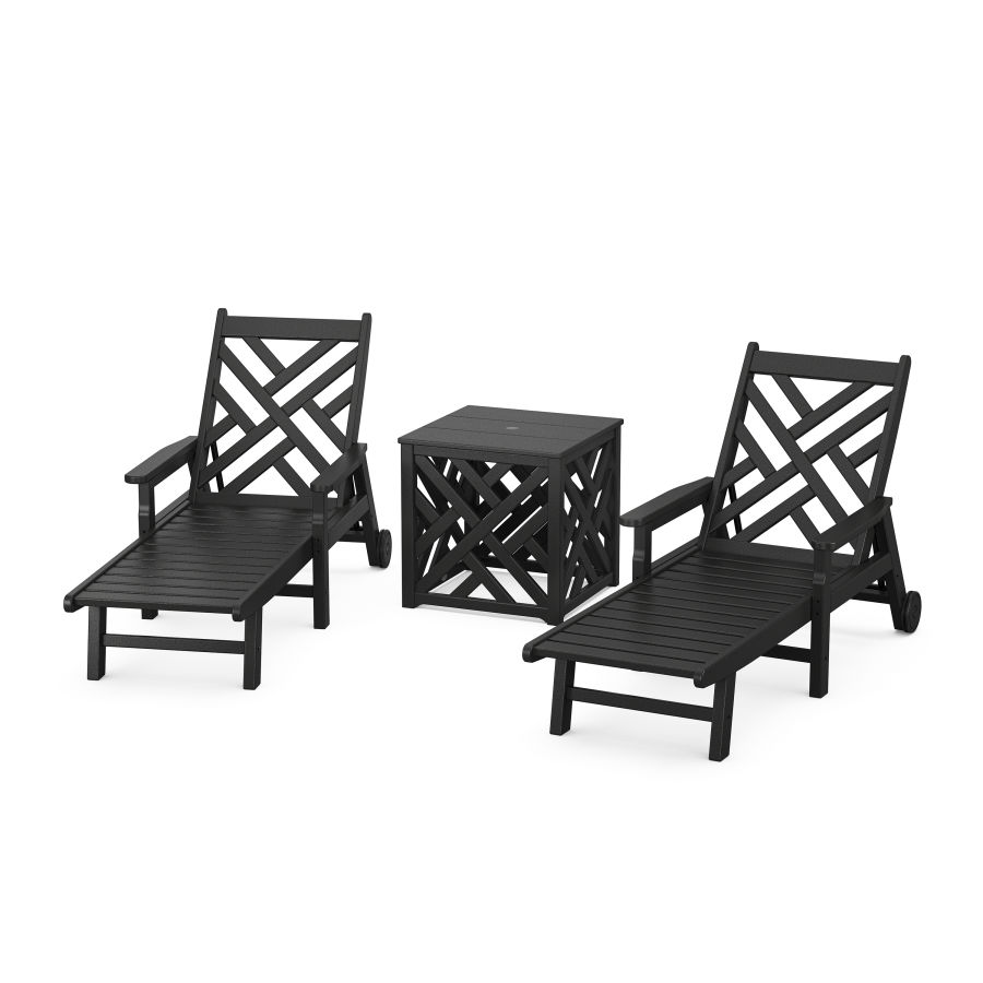 POLYWOOD Chippendale 3-Piece Chaise Set with Umbrella Stand Accent Table in Black