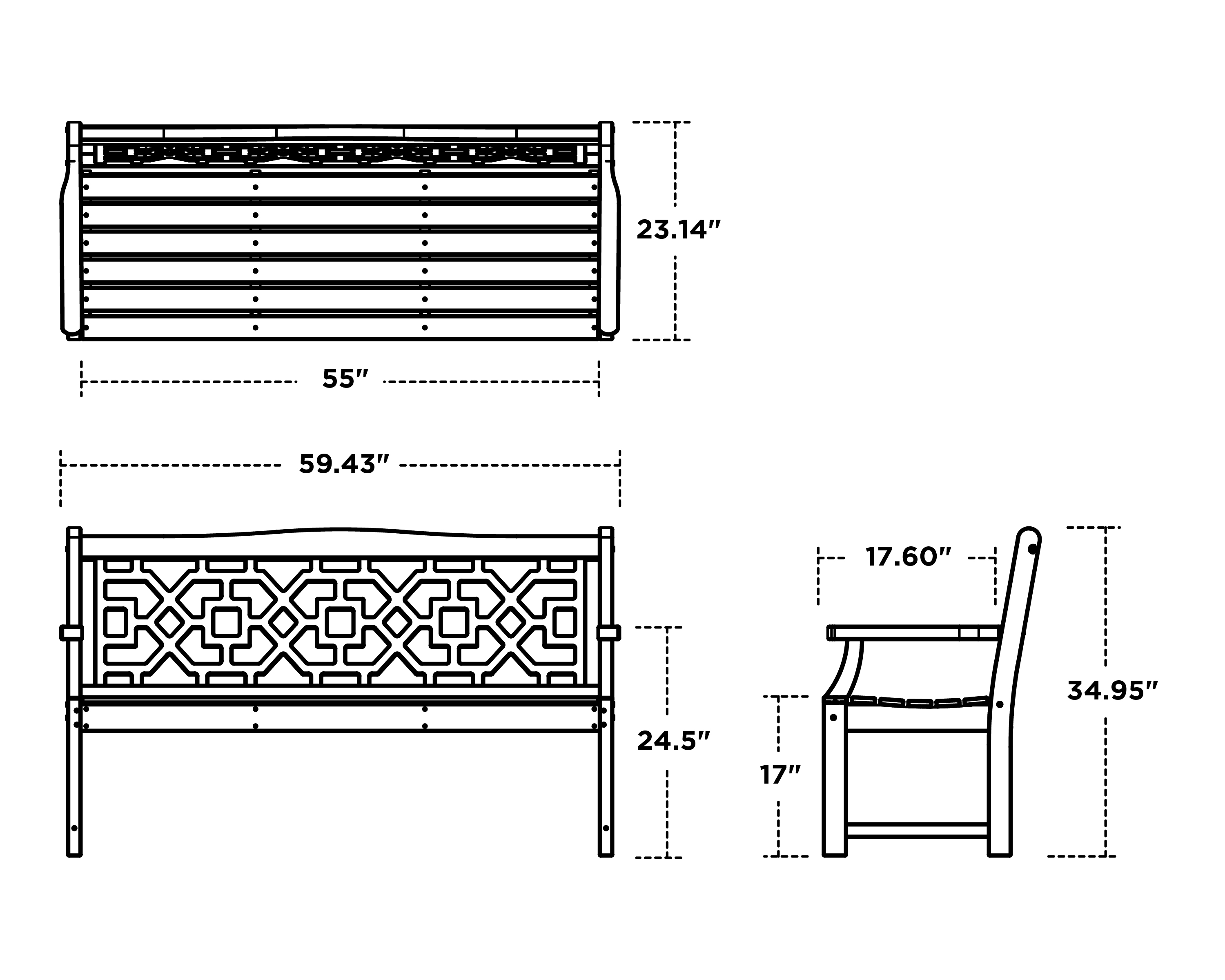 Dimensions for Chinoiserie 60" Garden Bench