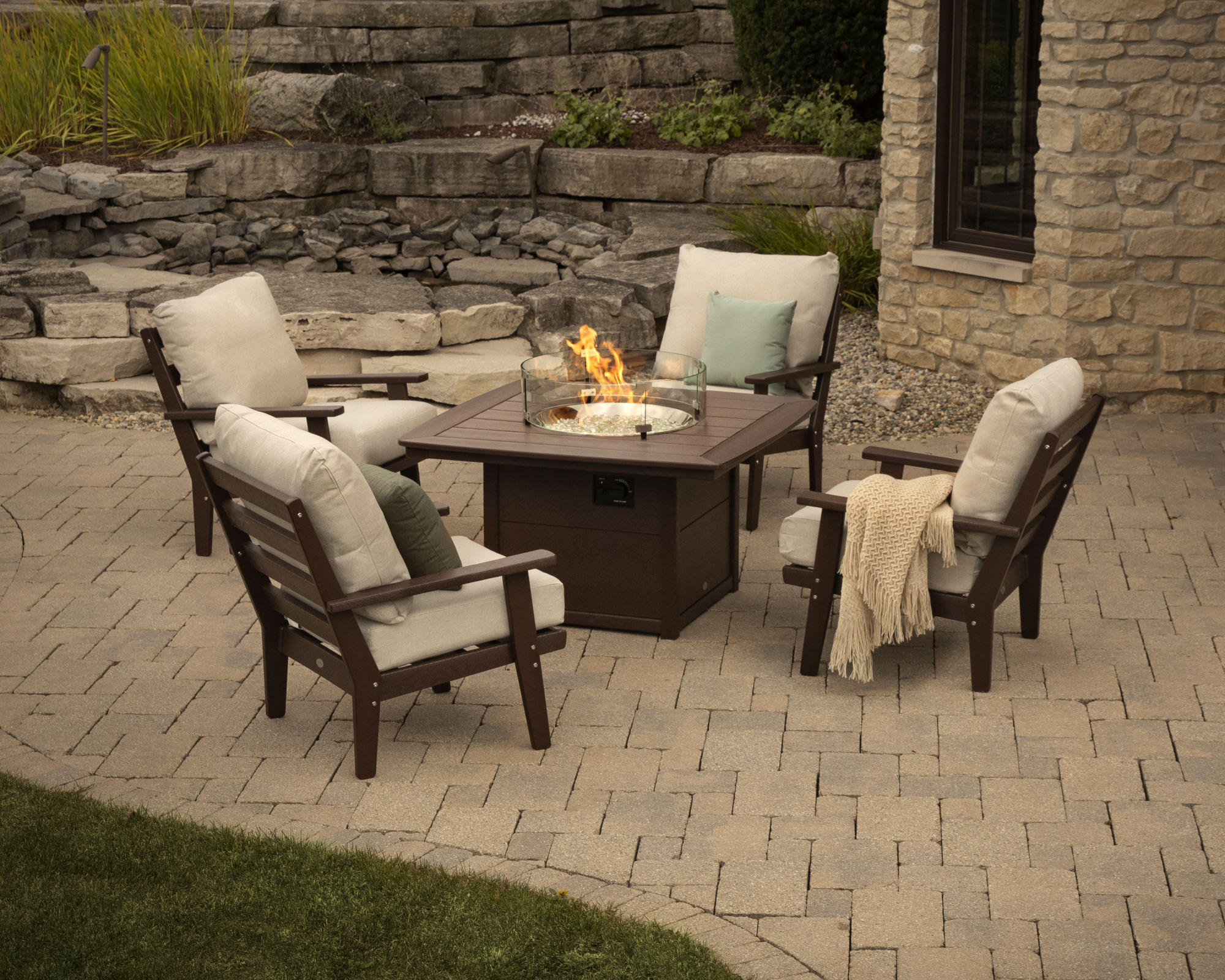 Patio set with fire pit hot sale and umbrella