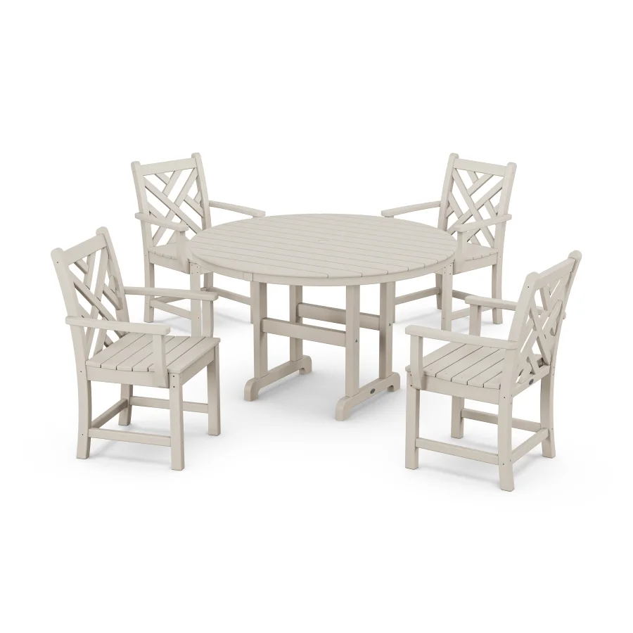 POLYWOOD Chippendale 5-Piece Round Farmhouse Arm Chair Dining Set in Sand