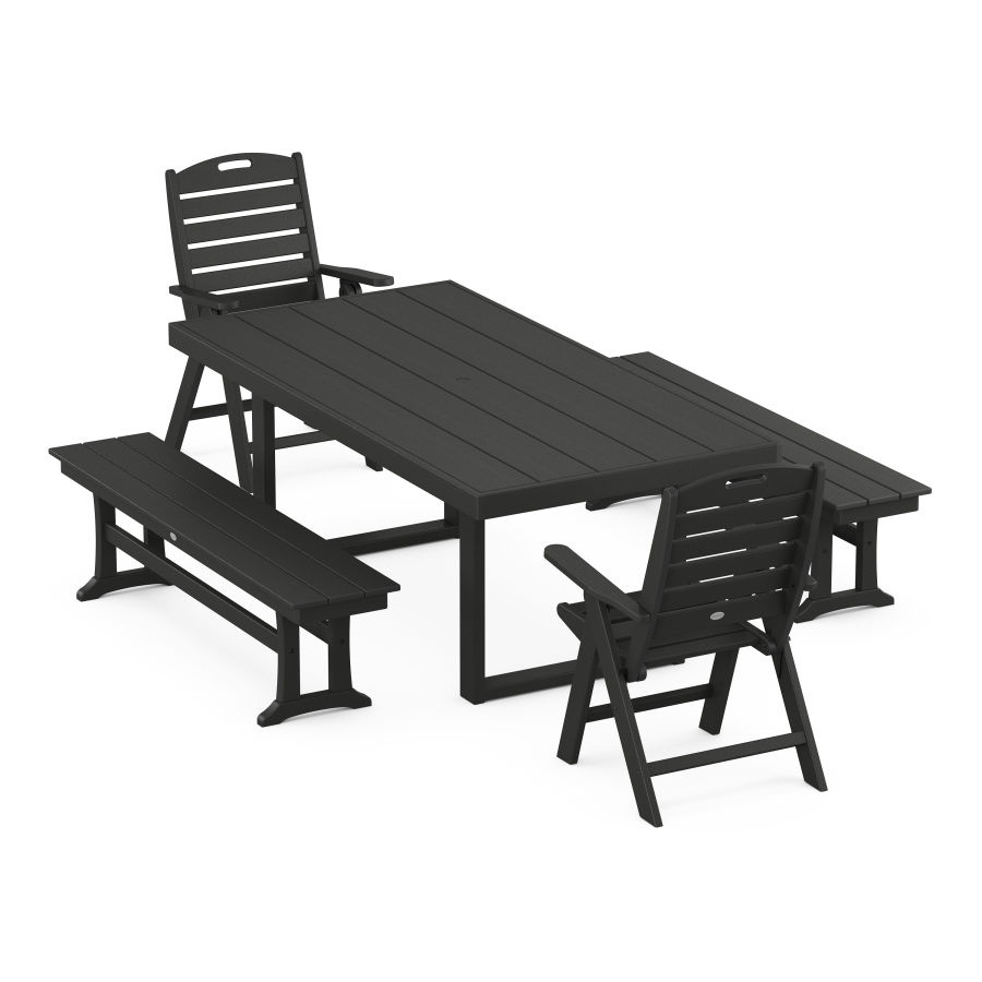 POLYWOOD Nautical Folding Highback 5-Piece Dining Set with Trestle Legs in Black